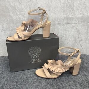 Vince Camuto‎ Sandals Womens Size 10 Beige Leather Ruffle Block Heel Ankle Strap